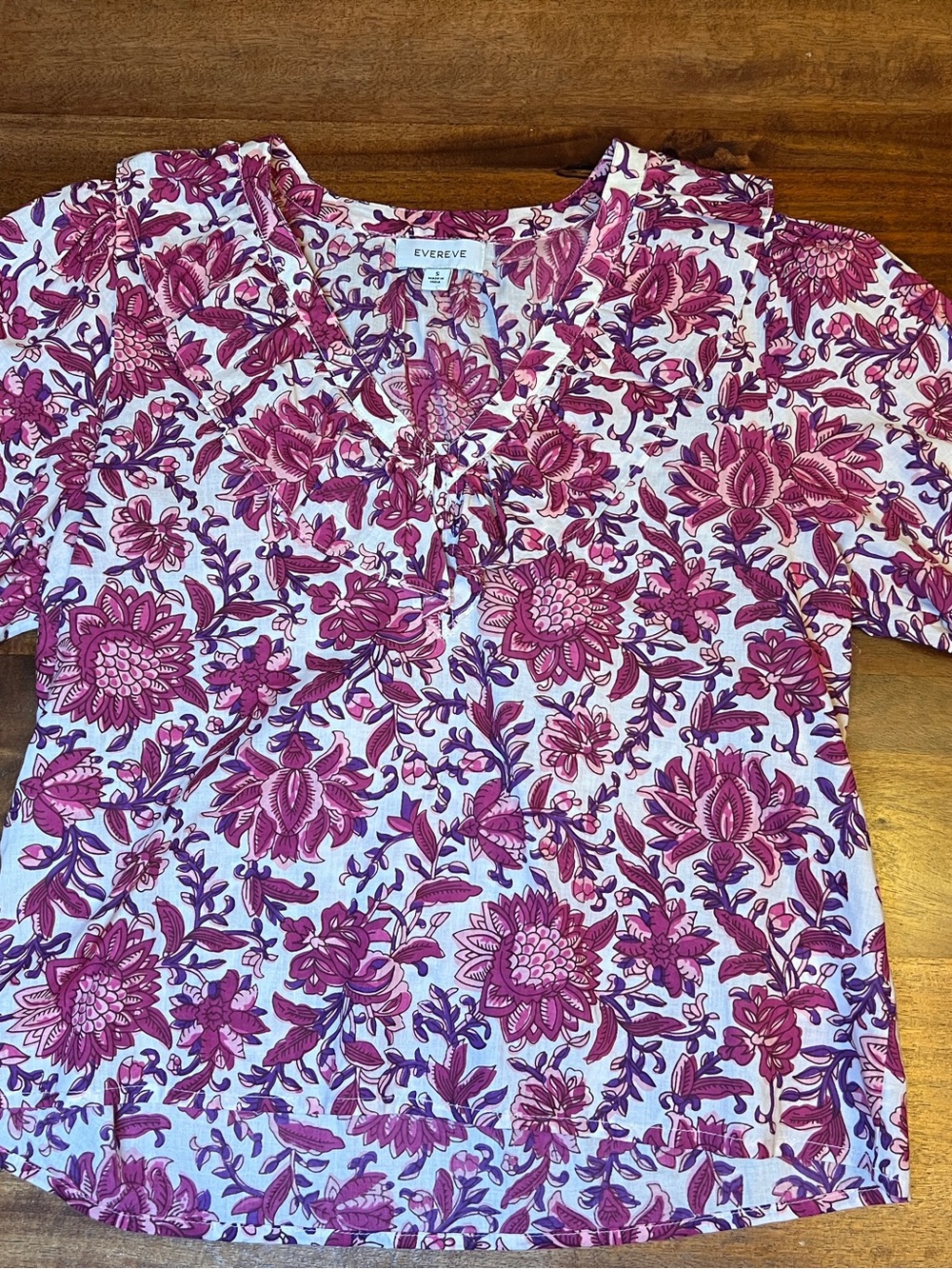 Evereve Women’s Pink Purple White Floral V Neck Tie 3/4 Sleeve Blouse S